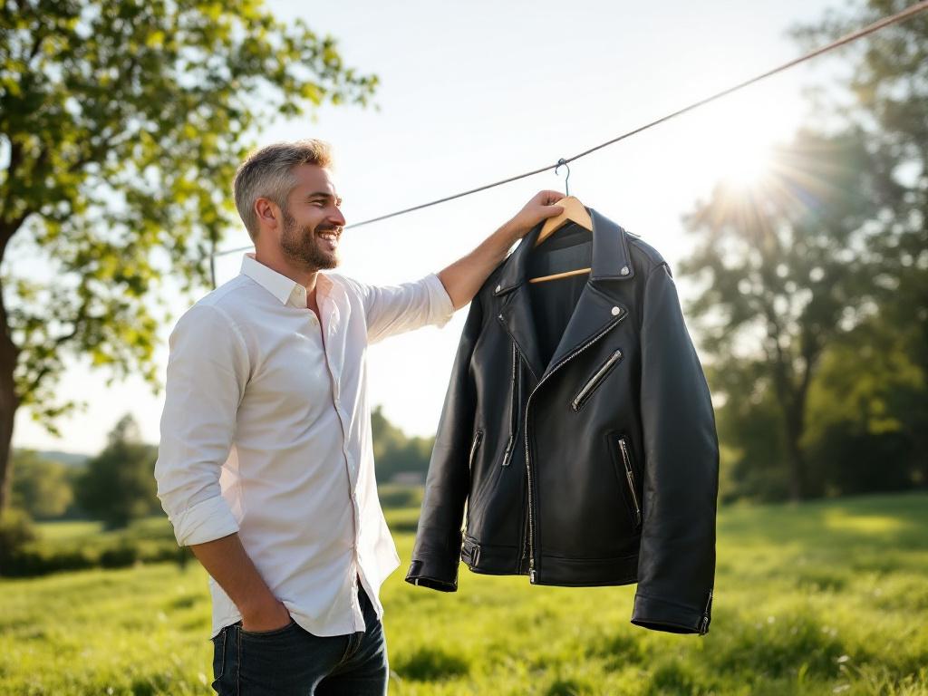 homme qui étend un blouson pour son entretien