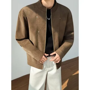blouson vintage en cuir à col montant automne